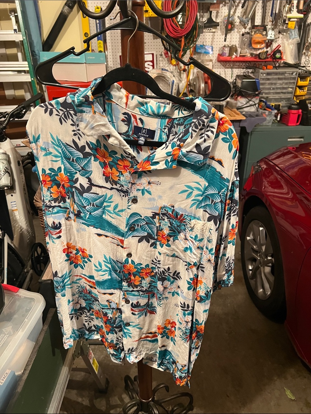 George Men's Tropical Floral Button-Up Shirt - Teal, Orange & Navy on Cream
